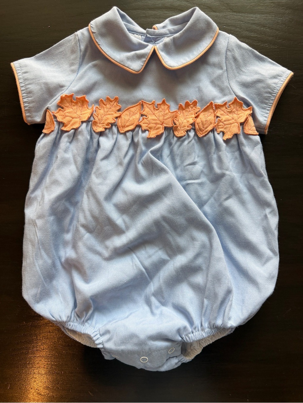 Dondolo‎ Blue Bubble Romper Orange Smocked Leaf Detail 12M